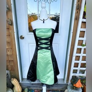 VTG Gunne Sax Green & Black Strapless Corset Mini Dress